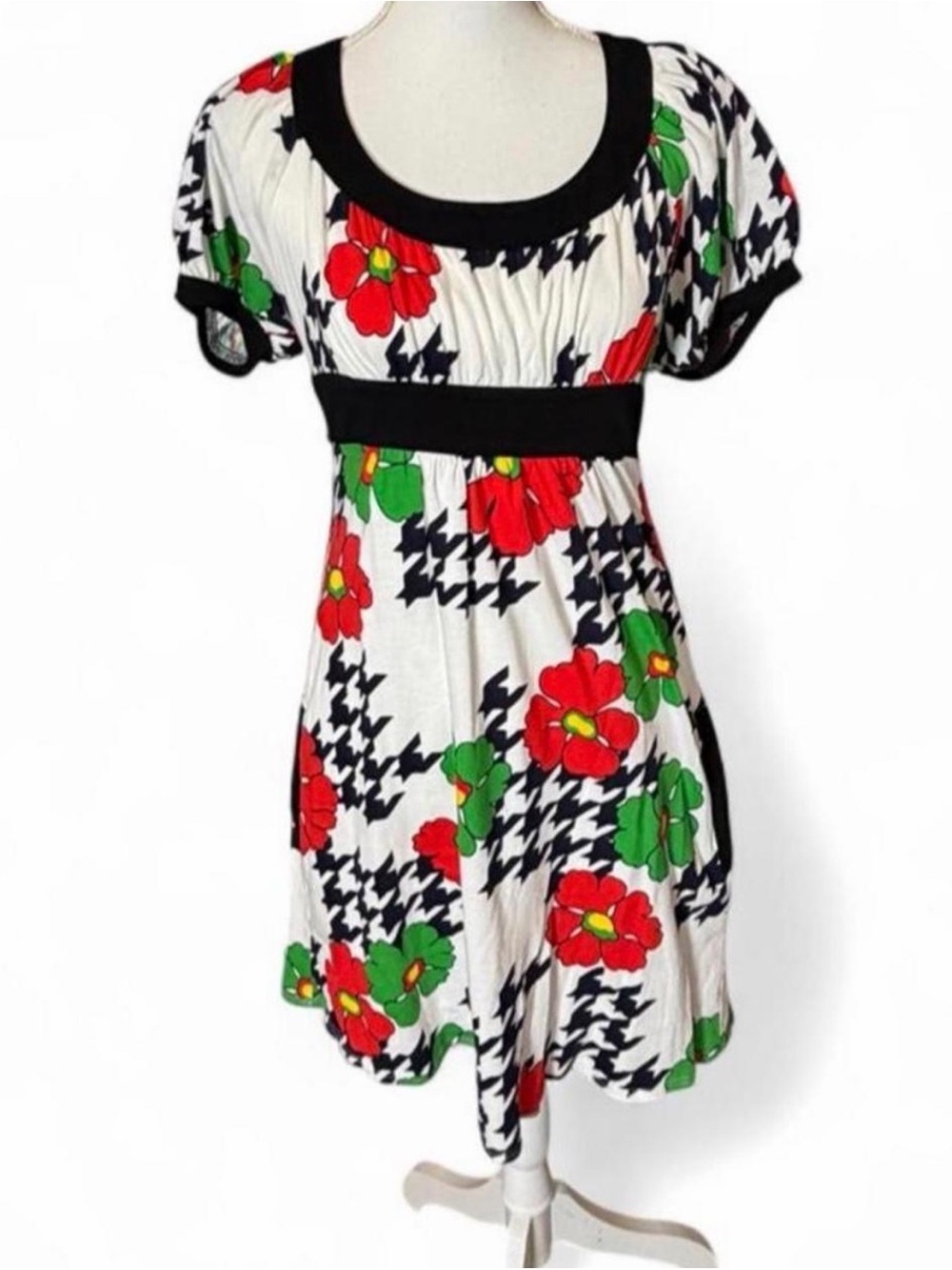 Vtg 90s Y2K Voom By Joy Han Houndstooth/Floral Scoop Neck Babydoll Dress Size M
